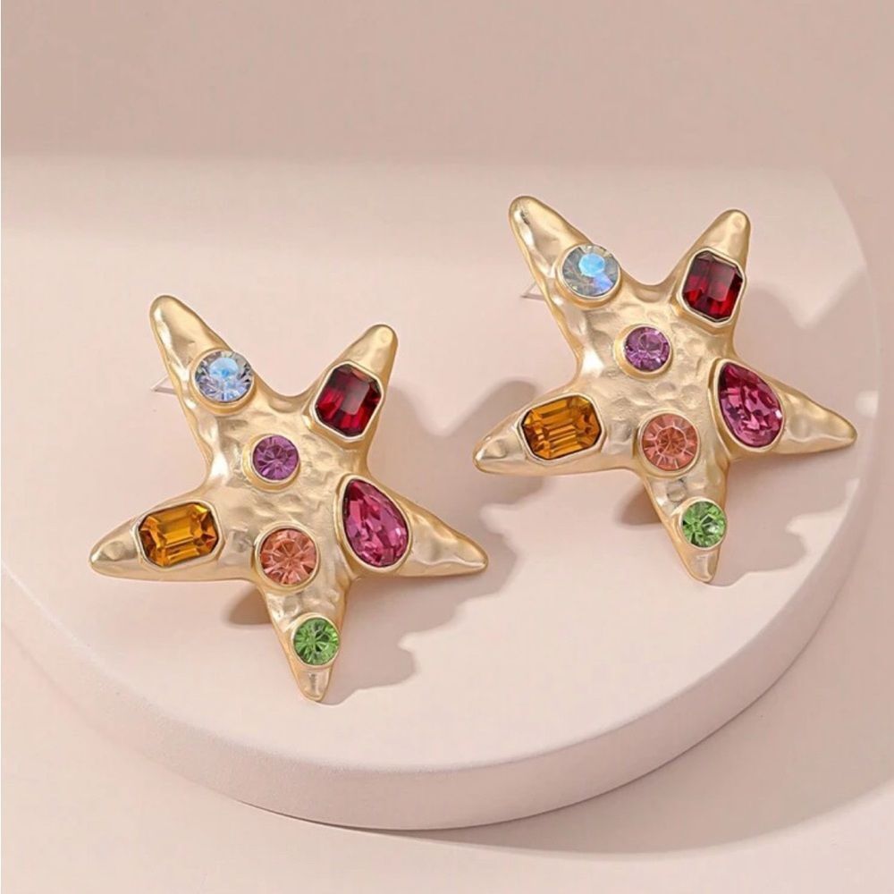 Gold Starfish Earrings with Colorful Gems R20